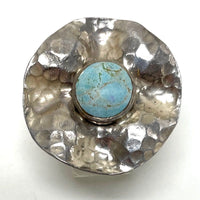 Sterling Silver Hammered Look Large Cocktail Ring w/ Turquoise Sz 8.5, 10.92g