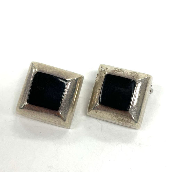 Vintage Mexico Sterling Silver Black Onyx Puff Square Clip-On Earrings, 17.86g