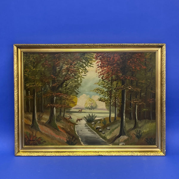 Large Forest Scene w Deer Oil on Board by H Schneider in 23 x 31 Frame