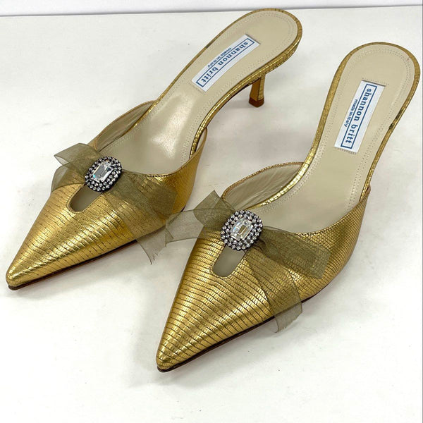 Shannon Britt Gold Leather Pointed Toe Open Back Kitten Heels Women’s Sz 8