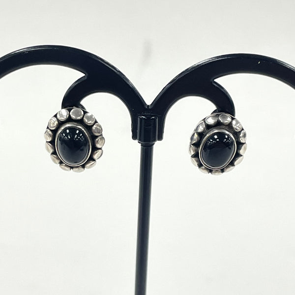 Sterling Silver Ethnic Bali-Style Oval Black Onyx Post Earrings, 4.51g