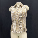 Wmns ST. JOHN Silk Tan Abstract Print Button Up Sleeveless Shirt Tank Top Sz 6