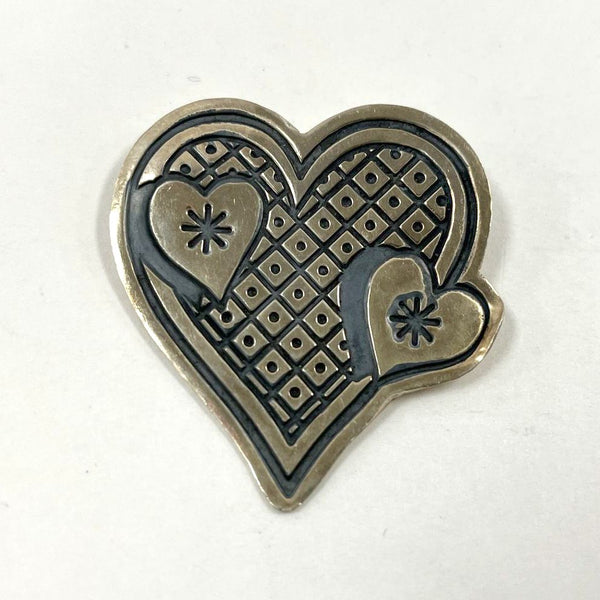 Sterling Silver Cute Funky Checkered Triple Heart Brooch Pin 6.89g