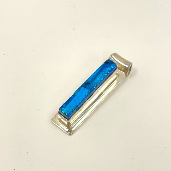 Sterling Silver Iridescent Blue/Green Art Glass 1 5/8" Long Pendant, 8.91g