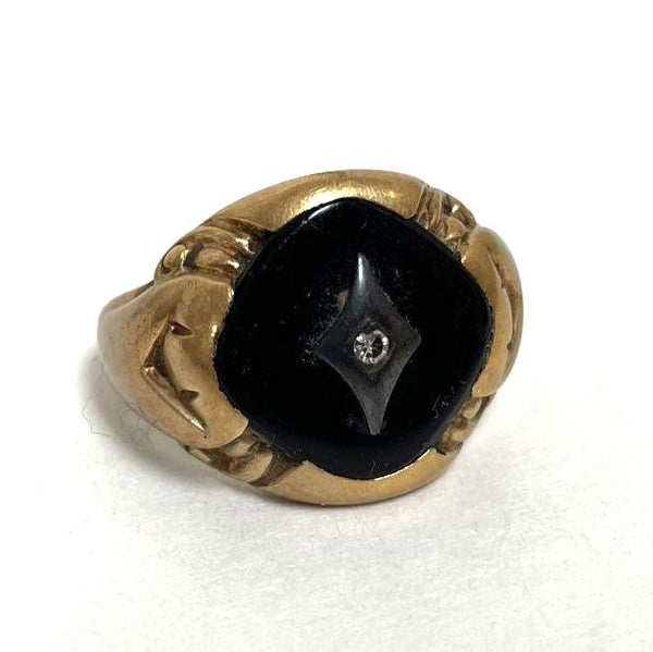 Vintage 10K Yellow Gold Onyx & Diamond Accent Ring, Issues, 6.06g