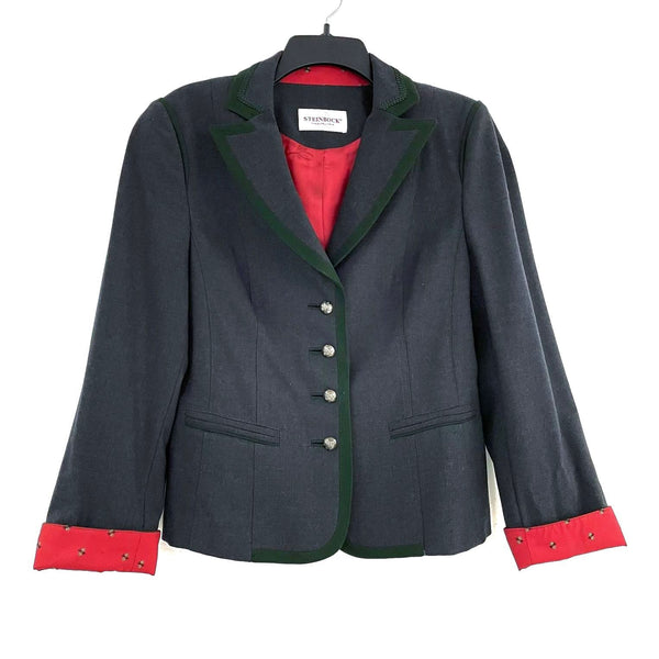 Wmns Vintage STEINBOCK Wool Blend Green & Red Trim Gray Blazer Jacket Sz 8