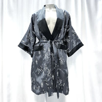 Wmns Gray & Black Reversible Embroidered Japanese Kimono Style Satin Robe Sz M