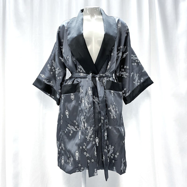 Wmns Gray & Black Reversible Embroidered Japanese Kimono Style Satin Robe Sz M