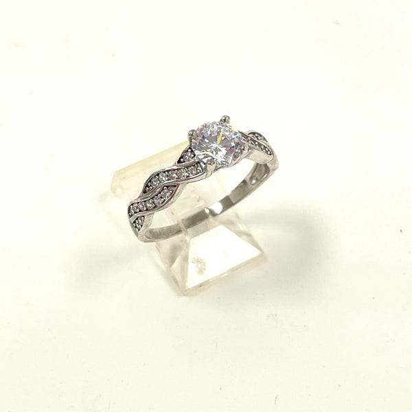 Beautiful Sterling Silver Sparkly CZ Twist Band Solitaire Ring Size 9.5, 2.85g