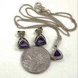 925 Sterling Silver Trillion Amethyst Earrings And Pendant Set 4.1 Grams