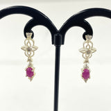Silver Vintage-Style 6x4mm Pink Star Sapphire Dangle Earrings w CZ Accent 2.74g