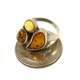 Sterling Silver Sz. 6 Abstract-Style 3-Stone Amber Ring, 5.55g