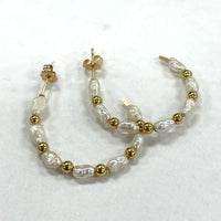 14K Yellow Gold Genuine Pearl & Beaded Half Hoop Post Earrings, 1.79g