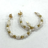 14K Yellow Gold Genuine Pearl & Beaded Half Hoop Post Earrings, 1.79g