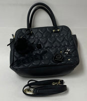 Betsey Johnson Black Puffy Heart Quilted Satchel Purse w Dragonfly