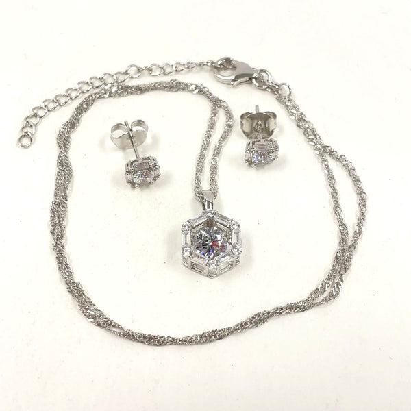 Sterling Silver Art Deco Style Cubic Zirconia Necklace & Earring 2pc Set, 4.96g