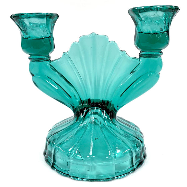 Jeanette Glass Company Depression Era Art Deco Aqua Blue Two Candle Holder