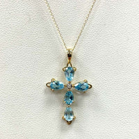 18" 14K Yellow Gold Stunning Blue Topaz & CZ Accent Cross Pendant Necklace, 2.3g