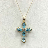 18" 14K Yellow Gold Stunning Blue Topaz & CZ Accent Cross Pendant Necklace, 2.3g