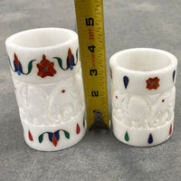 Carved White Marble Elephants & Votive Holders w Inlays