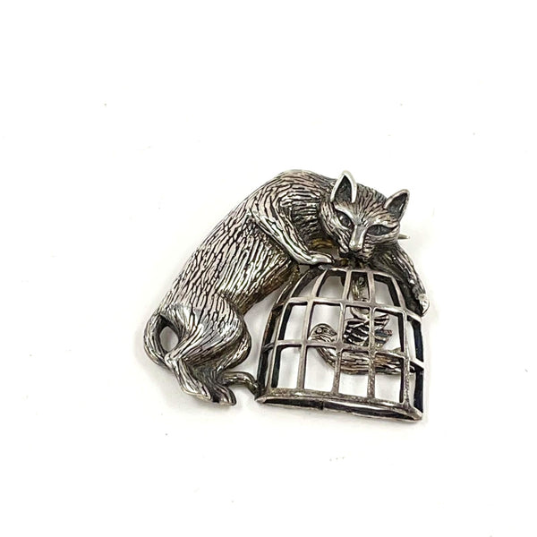 Vintage Jezlaine Sterling Silver Cat & Bird in Cage Pin/Brooch, 10.4g