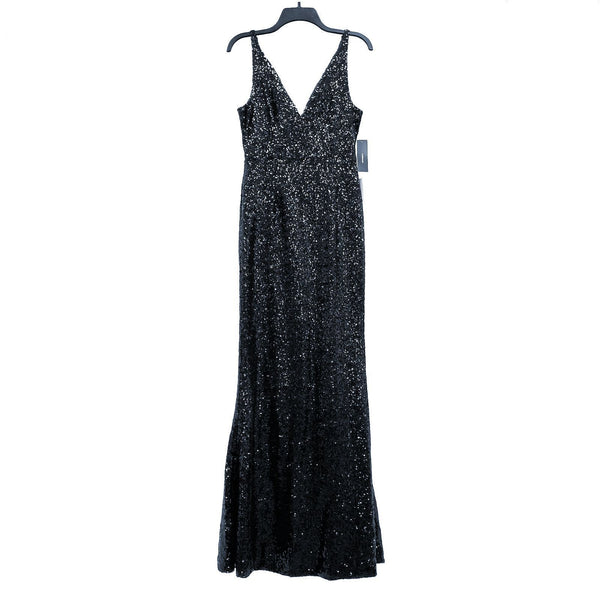 NWT Wmns LULUS Black Sequin Sleeveless Long V-Neck Formal Fishtail Dress Sz M