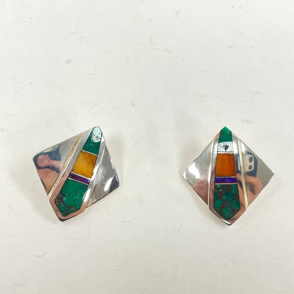 Sterling Silver Ray Tracy Knifewing Navajo Multi-Gemstone Inlay Earrings, 6.38g