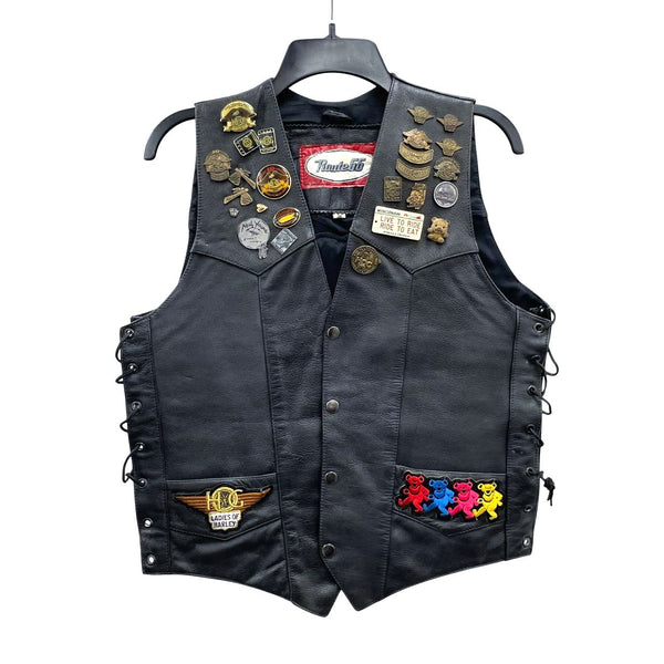 Wmns 90s Vintage Biker Battle Vest w HOG Harley Davidson Pins & Patches Sz 38