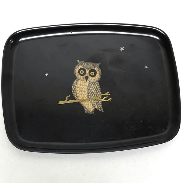 Vintage Couroc Black Resin Tray w Brown & Gold Mixed Media Owl Design