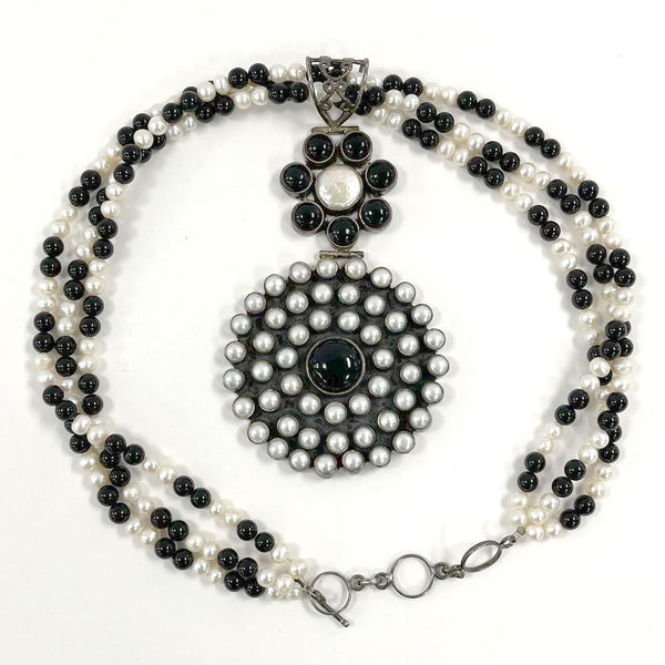 Spectacular Sterling Silver Onyx & Pearl 20" Statement Necklace - 136.95g