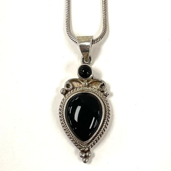 18" Sterling Silver Bali Style Black Onyx Teardrop 1.75" Pendant Necklace 14g