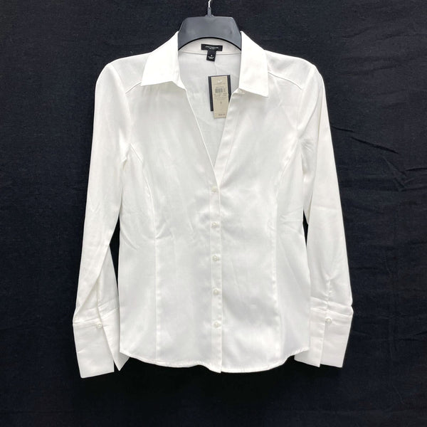 NWT Wmns ANN TAYLOR 100% Cotton White Low Cut Long Sleeve Button Up Shirt Sz 4