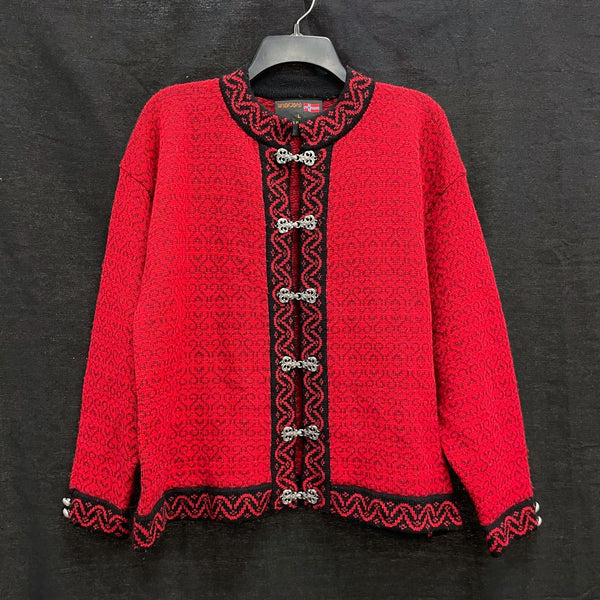 Wmns 90s Vintage WINDFJORD 100% Wool Red Metal Clasp Cardigan Sweater Sz L