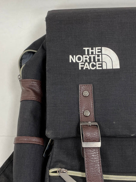 North Face Black Canvas Student Backpack w Magnetic Clasps and Faux Leather Trim