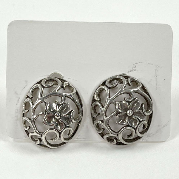Sterling Silver Jezlaine Openwork Floral Domed Oval Post Earrings, 2.08g