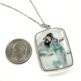 18" Sterling Silver Hand-painted Porcelain Shard Pendant Necklace, 5.54g