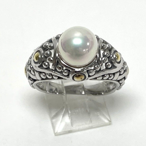 Silver Tone 8mm Faux Pearl Ring With Yellow Gold Tone Accents Size 7