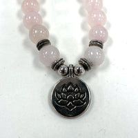 Tibetan Rose Quartz Prayer, Mantra Meditation Bead Necklace W/ Silver Tone Lotus