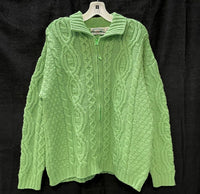 Vintage ARAN CRAFTS Ireland 100% Merino Wool Green Cable Knit Zip Sweater Sz L