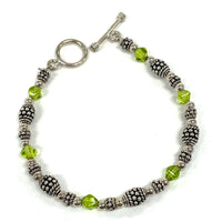 7.75" Sterling Silver Green Glass & Sterling Beaded Toggle Bracelet, 15.31g