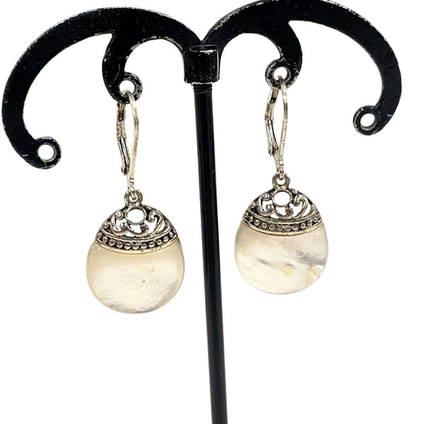 Sterling Silver Ethnic-Style Mother Of Pearl Leverback Dangle Earrings, 5.96g