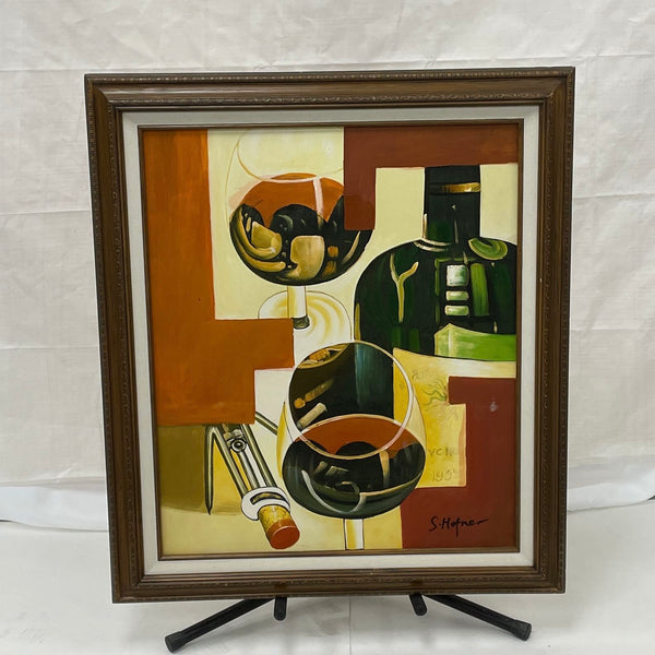 Large Oil on Canvas Surrealist Wine Painting by S Hofner in Wood Frame