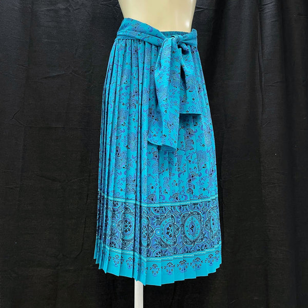 Wmns 90s Vintage LESLIE FAY Blue Floral Paisley Pleated Midi Skirt Sz 12 Petite