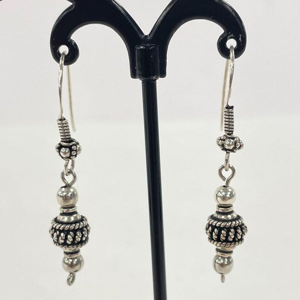 Sterling Silver Ethnic Bali-Bead Style 1 3/4" Long Dangle Earrings, 4.53g