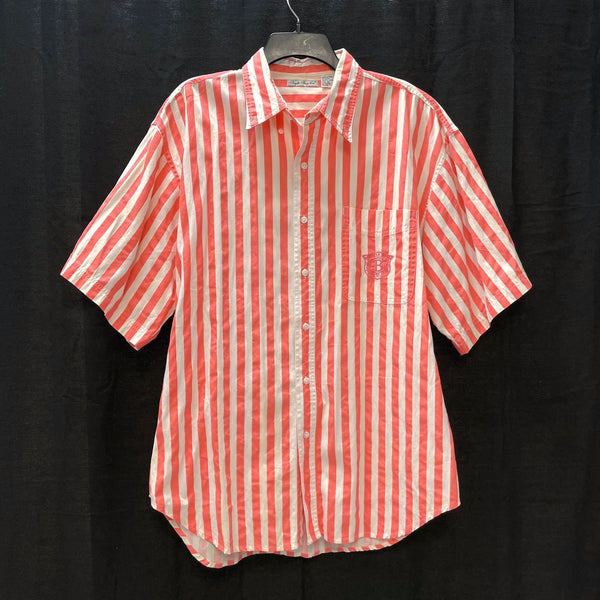 Mens 90s Vintage BUGLE BOY Co. Coral Striped Short Sleeve Button Up Shirt Sz XL