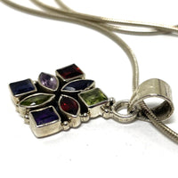 16" Sterling Silver Multi-gemstone Square Pendant Necklace, 8.42g