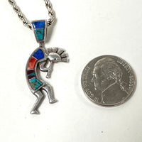 18" Sterling Silver Multi-stone Inlay Kokopelli Pendant Necklace, 13.58g!!