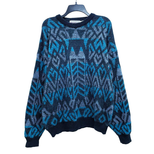 Mens 90s Vintage MCGREGOR Black Blue Funky Pattern Knit Grandpa Sweater Sz XL