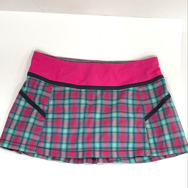Lululemon Pink Green Plaid Pleated Athletic Skirt Women’s Sz 10