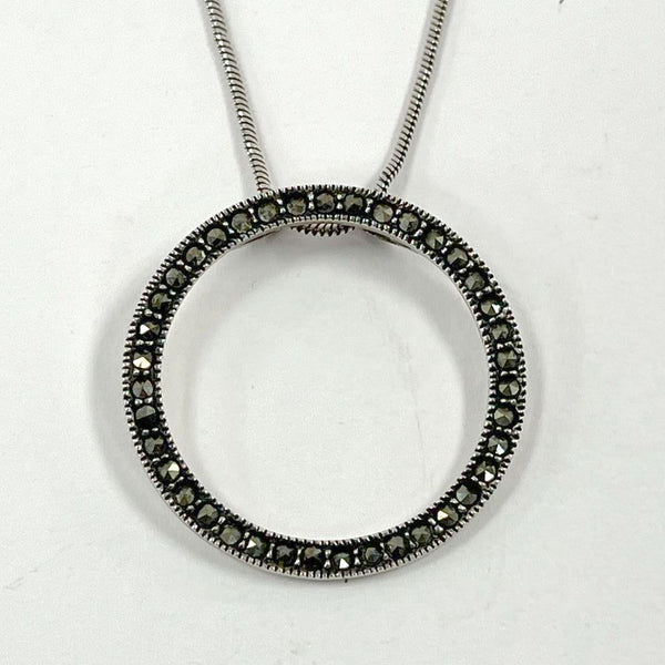 19-21" Sterling Silver Marcasite Accented Circle Pendant Necklace, 7.21g